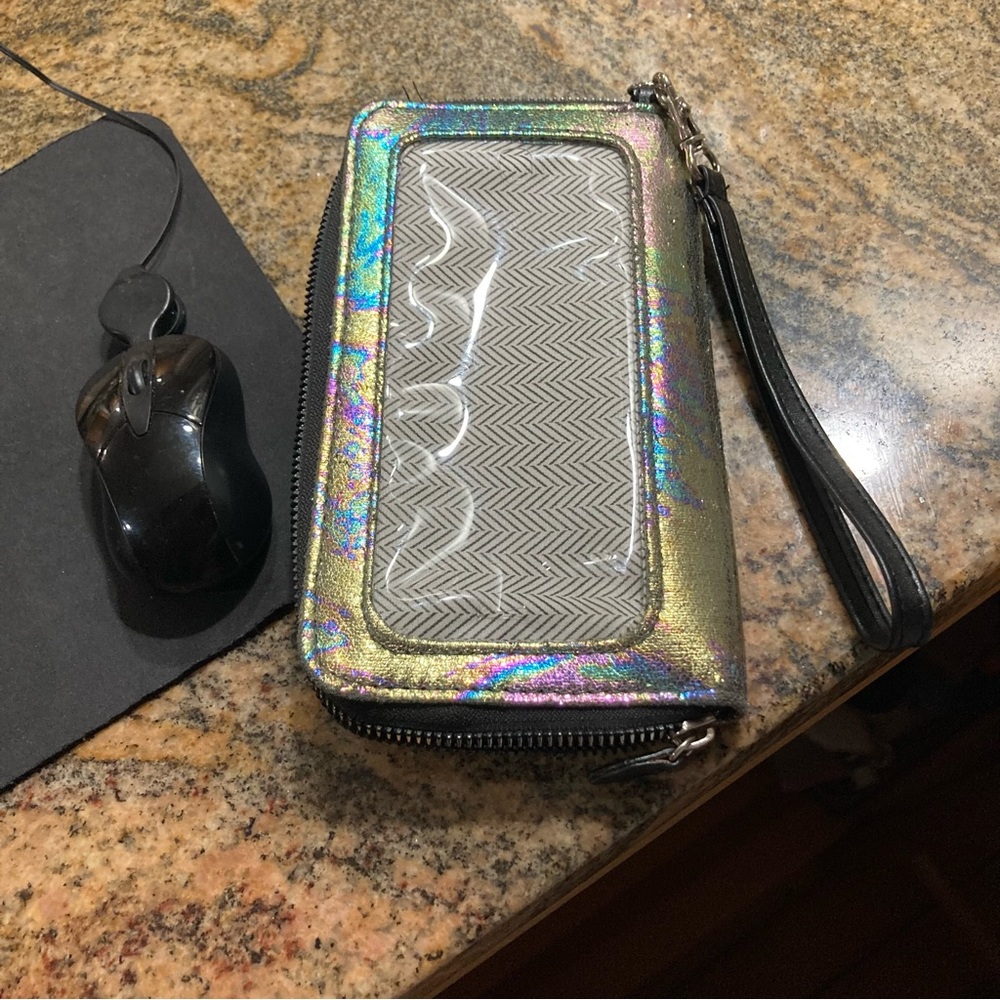 Iridescent shimmery unicorn clutch wristlet purse with clear front for phone use